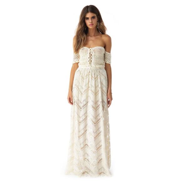 Sky Brand Clothing XS Maxi Dress Ivory Knit Crochet Lace Off Shoulder Peasant - Picture 4 of 6